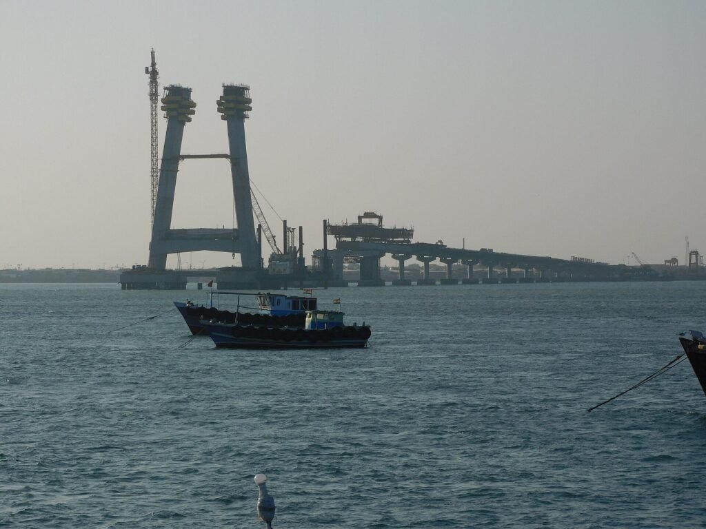 Boats and the sea bridge at Bet Dwarka, reached on Bhuj to Bet Dwarka tours