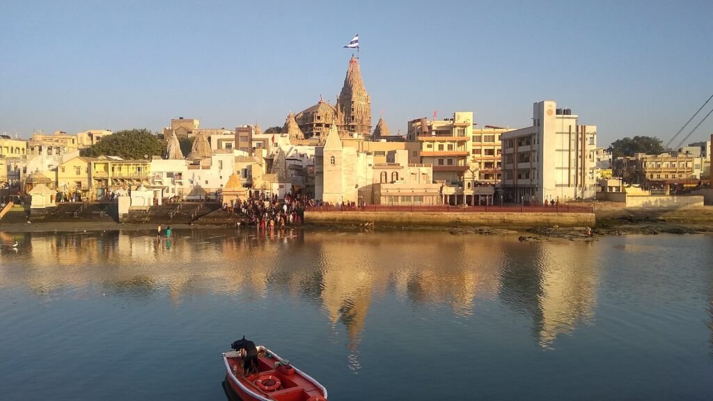 Dwarka temple skyline seen across the Gomti ghat