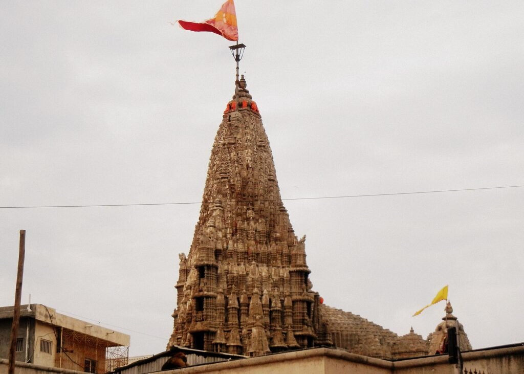 Dwarkadhish Temple in Dwarka with its flag, visited on Bhuj to Dwarka tours