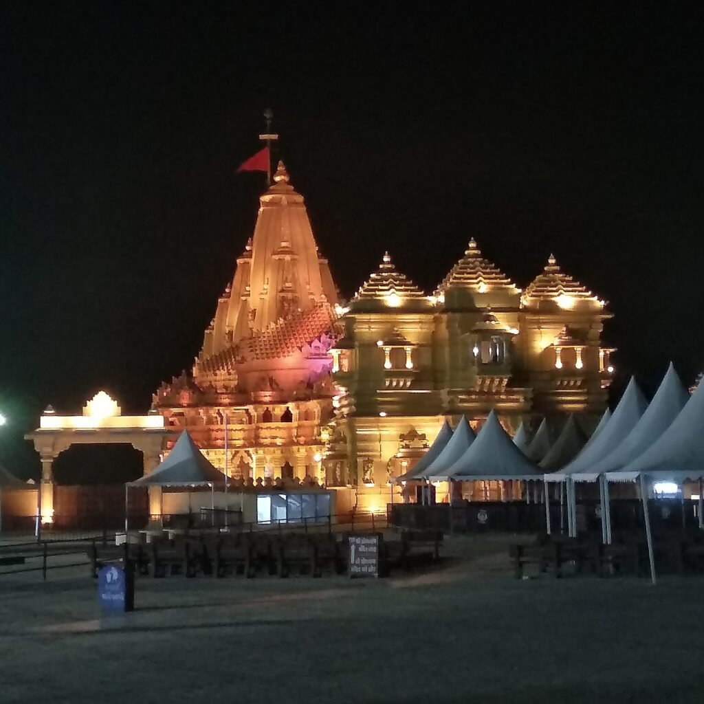 Somnath Temple illuminated in the evening during darshan time